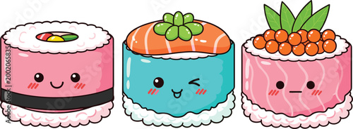 Colorful cute flat vector illustration collection of kawaii sushi characters featuring maki roll, salmon nigiri, and ikura gunkan with smiling faces.