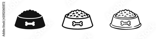 Pet Food Bowl Icon Set with Bone Symbol and Dog Kibble in Three Design Styles