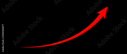Long curved red arrow moving up concept of stock market business growth, increasing financial profit, business grow up trend sign. Business upward arrow graph on black background. Vector illustration.