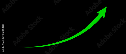 Long curved green arrow moving up concept of stock market business growth, increasing financial profit, business grow up trend sign. Business upward arrow on black background. Vector illustration.