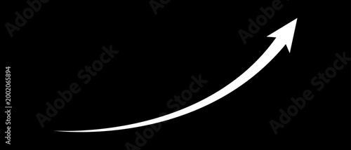 Long curved white arrow moving up concept of stock market business growth, increasing financial profit, business grow up trend sign. Business upward arrow on black background. Vector illustration.