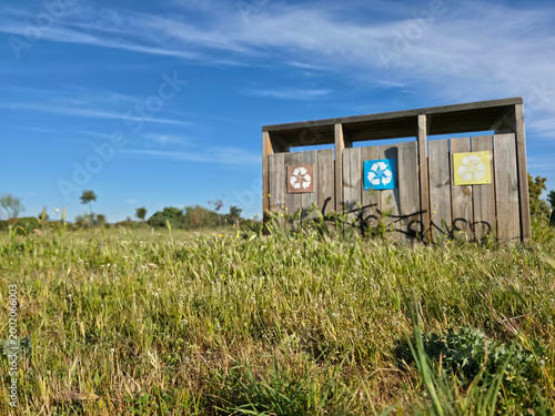 Concious sustainability responibility management. Recycling Stations for Waste Sorting in Public Park
