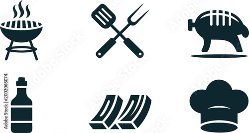 Barbecue grill and cooking utensils icons with ribs and chef hat