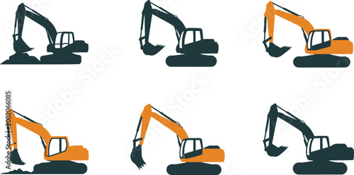 Collection of excavator machines in different positions and colors on white background