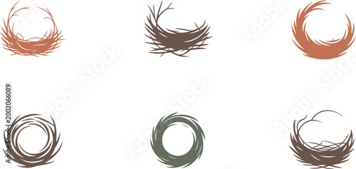 Collection of abstract circular brush stroke design elements in various earthy tones