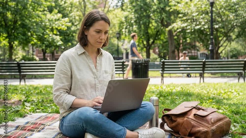Woman working on laptop while sitting on blanket in city park. Freelancer using computer in nature for remote work. Outdoor mobile office lifestyle concept.
