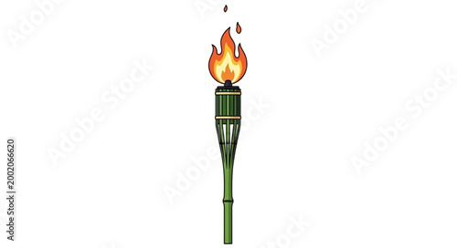 Burning Bamboo Torch with Flames Isolated on White Background.
