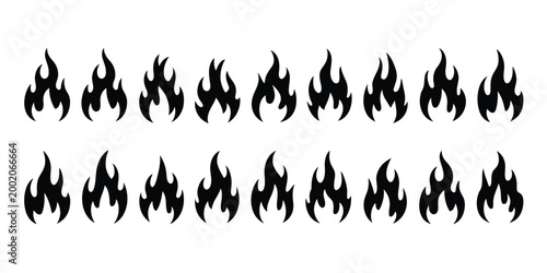 Collection of twenty black fire icons vector illustration isolated on white background symbolizing heat energy power and combustion concept design