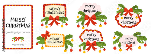 Merry decoration green wreath vector light set collection christmas garland. Festive holiday design isolated illustration with fir. Pine and tinsel elements for outdoor or indoor use.