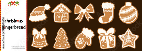 Cookie collection cute gingerbread set for christmas sticker house. New year vector adorable assortment of gingerbread cookies. Festive house and sweet candy cane for winter.