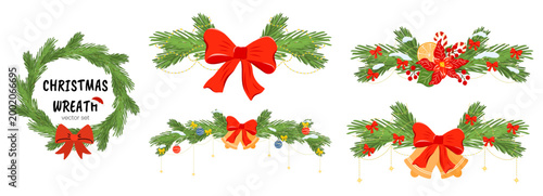 Merry decoration set with light collection and garland vector elements. Green and christmas wreath styles house and xmas. Card design features pine branches for australian holiday.
