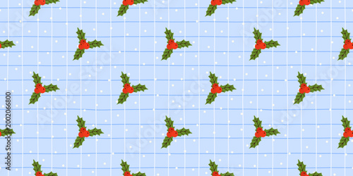 Checkered christmas holly seamless gingham mistletoe pattern for winter. Line floral holiday leaf traditional plant motif with cute. Illustration of pine tree and evergreen wallpaper scandinavian.