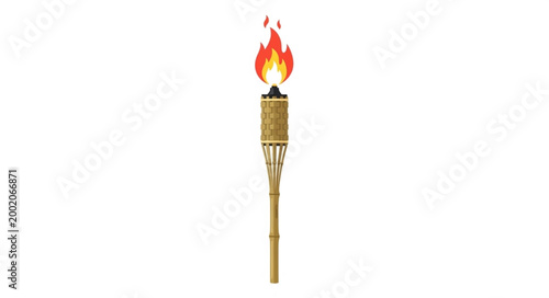 Bamboo Tiki Torch with Bright Flame on White Background.
