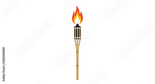 Bamboo Tiki Torch With Burning Flame Isolated On White.