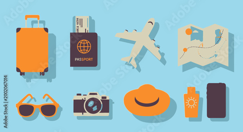 Travel essentials and summer vacation icons flat vector set