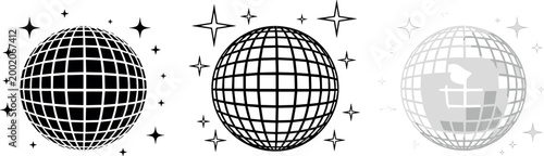 Black and white disco ball vector set with sparkling stars, mirror grid spheres, retro party elements, and nightlife celebration illustration icons