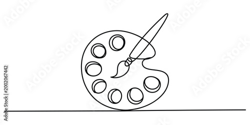 Continuous single line drawing of an artist paint palette and brush