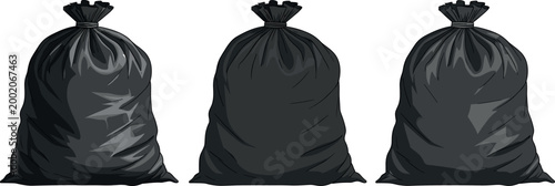 Black garbage bags set with tied plastic trash sacks, waste disposal collection icons for sanitation and cleaning vector illustration