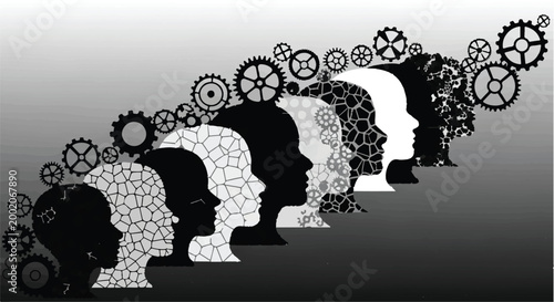 Photos Human profiles align with mechanical gears to represent complex mental processing