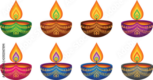 Foto Colorful Diwali oil lamps set with decorative patterns and glowing flames, tradi