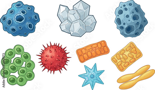 Cartoon microbiology elements set with bacteria viruses cells and crystals isolated on white background science medical vector illustration