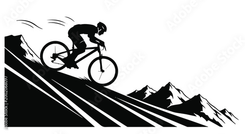 Bild auf Leinwand Cyclist rides a mountain bike down a steep slope toward the rocky horizon