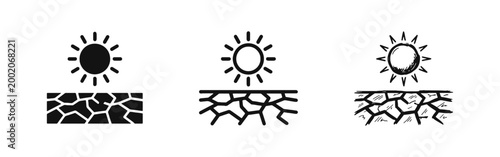 Global Warming and Drought Icon Set with Sun over Cracked Dry Earth in Three Design Styles