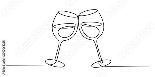 Two wine glasses clinking together continuous line drawing illustration