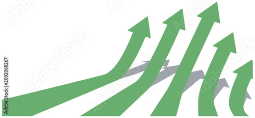 Green arrows with subtle shadows indicating upward growth and progress on a white background