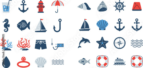 Flat nautical and beach icon set with marine elements, sea life, ships and summer symbols, minimal vector collection for travel design, coastal themes, and ocean graphics