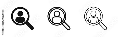 Human Resources Recruitment Icon Set with Magnifying Glass Searching for Candidate in Three Styles