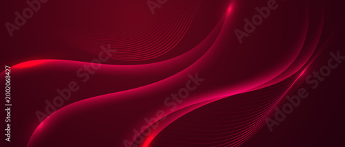 red abstract background with glowing wave lines and soft light particles. 