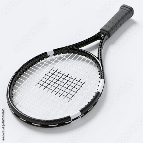 Tennis racket illustration with a white background, featuring a sleek black and white design with a honeycomb-patterned frame and strings, handle with ribbed texture, clean lines.