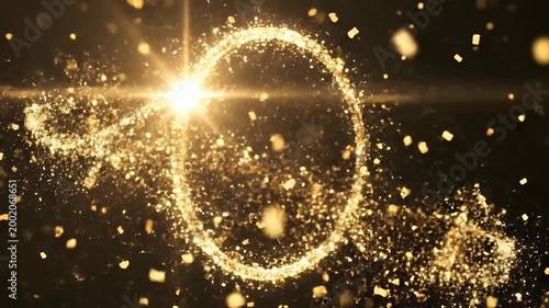 A shimmering golden ring of light with sparkling particles radiates against a dark background, creating a magical and ethereal visual effect.