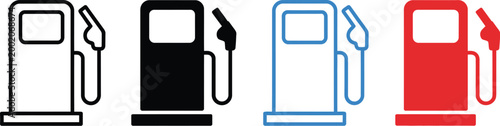 Gas pump icon set vector, collection of four isolated fuel station petrol and energy symbols in different styles for transportation and automotive design.
