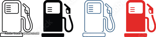 Gas pump icons set, four style vector illustrations showing fuel station petrol pump and energy symbols for automotive service and refueling concept design.