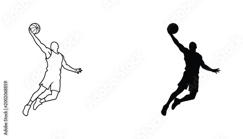 Basketball player jumping for dunk vector icon set featuring athletic silhouette in solid black and outline styles for sports branding and tournament graphic design isolated on white background