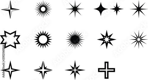 Konstfotografi Starburst sparkle icon set with various geometric shapes, black silhouette vecto