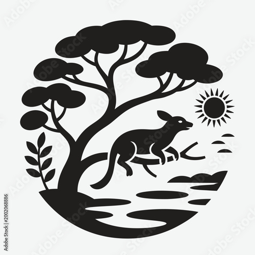 Kangaroo silhouette with tree and sun black and white illustration