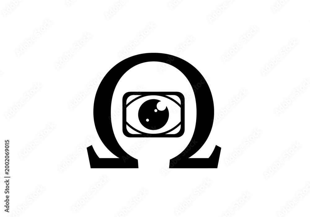 Obraz premium Black omega symbol with camera eye icon on white background