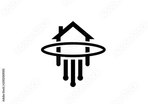 Black minimalist house icon with flying saucer and beams
