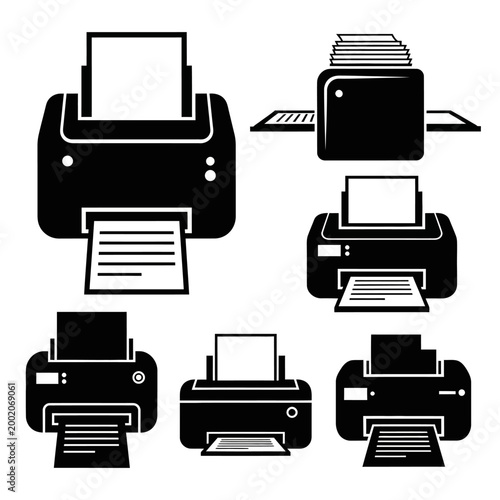 Set of Black Printer Icons: Office Equipment and Technology Symbols
