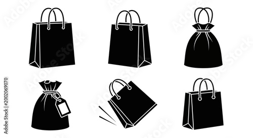Set of Black Shopping Bags and Gift Pouches Icons on White Background