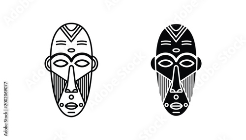Tribal African mask icon set featuring intricate cultural patterns in line art and solid silhouette style for ethnic design