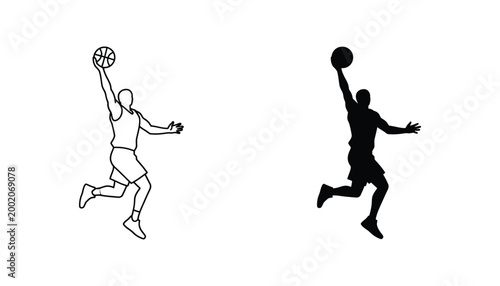 Basketball player jumping to dunk a ball vector silhouette and line art icons set showing dynamic athletic motion on white background