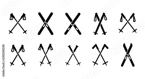 Set of Skiing Icons: Skis and Poles, Winter Sports Equipment, Vector Graphics