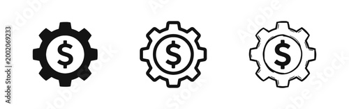 Financial Settings and Money Mechanism Icon Set with Dollar Sign in Gear in Three Styles