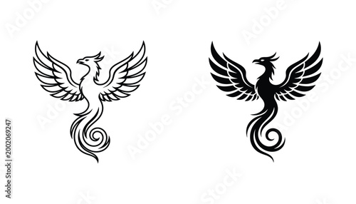Phoenix bird rising with spread wings in minimalist black and white vector illustration for mystical branding and logo concepts