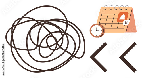 Time management, procrastination, productivity, multitasking, planning, digital reminders. Tangled lines next to a calendar, clock and arrows. Time management and procrastination concepts