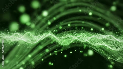 Abstract image featuring flowing green and white light trails against a dark background, creating a dynamic and futuristic visual effect.